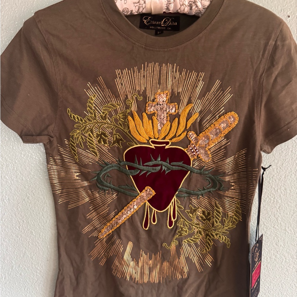 Ed huard dada Brown T-Shirt with Heart and Sword Design